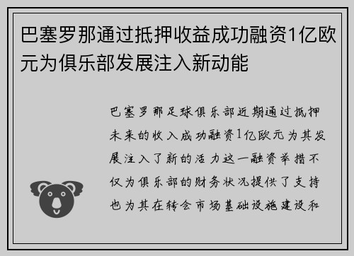巴塞罗那通过抵押收益成功融资1亿欧元为俱乐部发展注入新动能